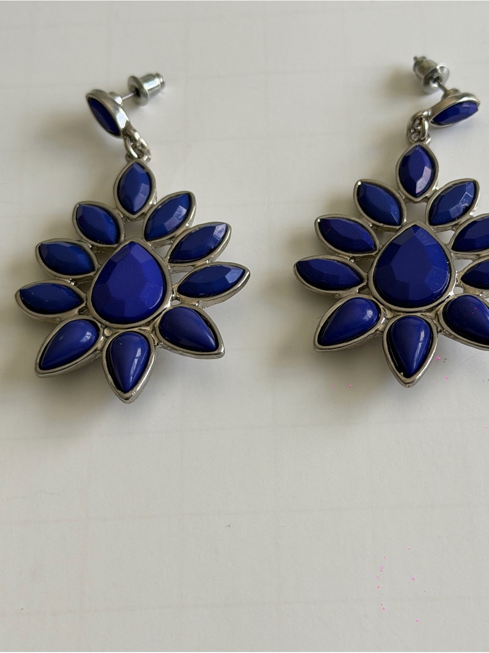 2” Royal Blue Stone Opaque Stone Dangle Statement Earrings Silvertone